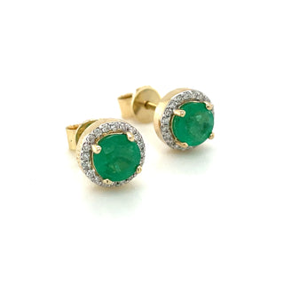 9ct Yellow Gold Round Emerald & Diamond Halo Stud Earrings
