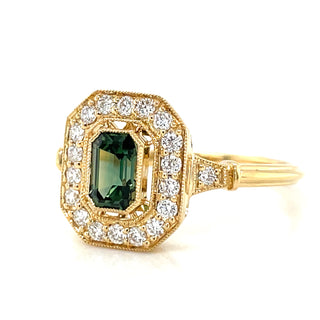 18ct Yellow Gold Emerald Cut Green Sapphire & Diamond Vintage style Ring