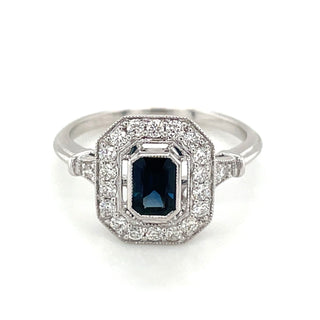 Emerald Cut Sapphire & Diamond Vintage style White Gold Ring