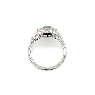 Emerald Cut Sapphire & Diamond Vintage style White Gold Ring