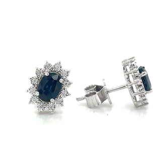 9ct White Gold Earth Grown Oval Sapphire & Diamond Cluster Halo Stud Earring