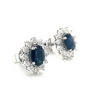9ct White Gold Oval Sapphire & Diamond Cluster Halo Stud Earring