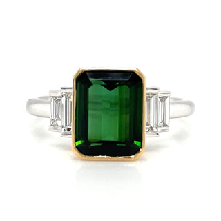 18ct White Gold Earth Grown Emerald Cut Green Tourmaline and Diamond Side Stone Ring