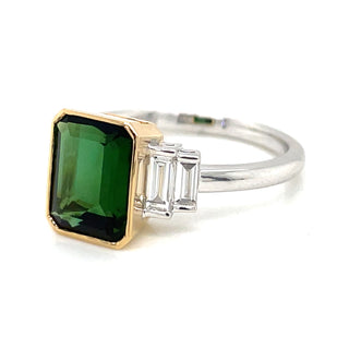 18ct White Gold Emerald Cut Green Tourmaline and Diamond Side Stone Ring