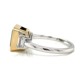 18ct White Gold Earth Grown Emerald Cut Green Tourmaline and Diamond Side Stone Ring