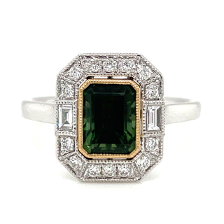 18ct White Gold Earth Grown 1.14ct Emerald Cut Green Tourmaline & Diamond Vintage style Ring
