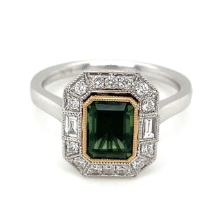 18ct White Gold 1.14ct Emerald Cut Green Tourmaline & Diamond Vintage style Ring