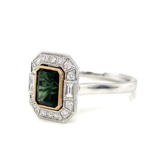 18ct White Gold Earth Grown 1.14ct Emerald Cut Green Tourmaline & Diamond Vintage style Ring