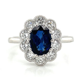 Platinum Earth Grown 1.78ct Oval Sapphire and Diamond Halo Ring