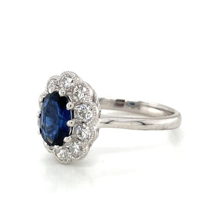 Platinum Earth Grown 1.78ct Oval Sapphire and Diamond Halo Ring