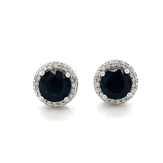 9ct White Gold Earth Grown Round Sapphire & Diamond Halo Stud Earrings