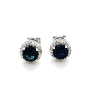 9ct White Gold Round Sapphire & Diamond Halo Stud Earrings