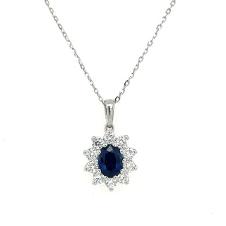 18ct White Gold 1.47ct Sapphire and Diamond Halo Necklace