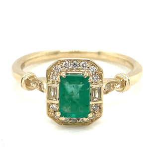 Emerald cut .70ct Emerald in Diamond & White Sapphire Vintage Style Mounting
