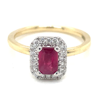9ct Yellow Gold Earth Grown Emerald Cut Ruby and Diamond Halo