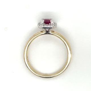 9ct Yellow Gold Earth Grown Emerald Cut Ruby and Diamond Halo