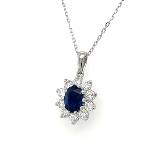 18ct White Gold 1.47ct Sapphire and Diamond Halo Necklace