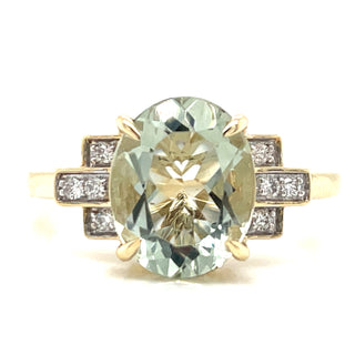 9ct Yellow Gold 2.40ct Oval Green Amethyst Ring with Side Diamonds