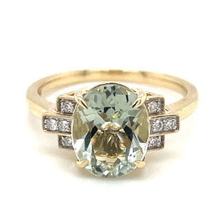 9ct Yellow Gold 2.40ct Oval Green Amethyst Ring with Side Diamonds