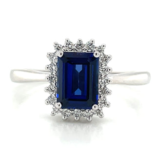 14kt White Gold Laboratory Grown Emerald Cut Sapphire and Laboratory Grown Diamond Halo Ring