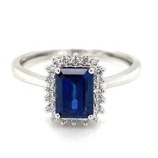 14kt White Gold Laboratory Grown Emerald Cut Sapphire and Laboratory Grown Diamond Halo Ring