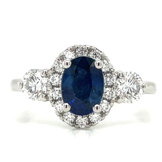 Platinum Earth Grown Oval Sapphire, Diamond Halo & Round Side Diamond  Ring