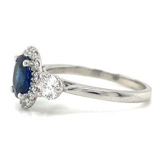Platinum Earth Grown Oval Sapphire, Diamond Halo & Round Side Diamond  Ring