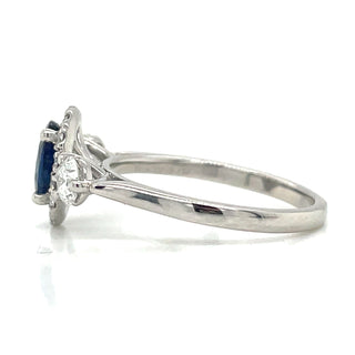 Platinum Oval Sapphire, Diamond Halo & Round Side Diamond  Ring