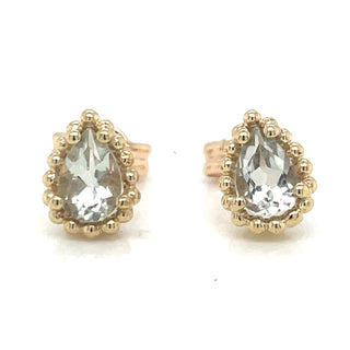 9ct Yellow Gold Pear Cut Green Amethyst Earrings with Dotted Edge