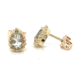 9ct Yellow Gold Pear Cut Green Amethyst Earrings with Dotted Edge