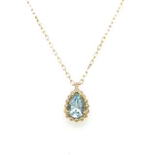 9ct Yellow Gold Pear Cut Blue Topaz Necklace with Dotted Edge