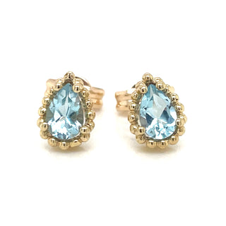 9ct Yellow Gold Pear Cut Blue Topaz Earrings with Dotted Edge