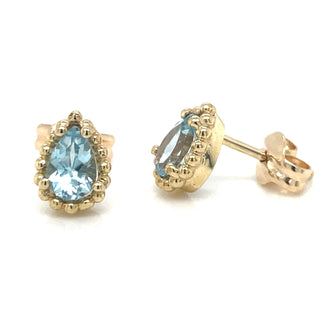9ct Yellow Gold Pear Cut Blue Topaz Earrings with Dotted Edge