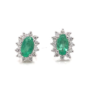 9ct White Gold Earth Grown Princess Di Style Emerald & Diamond Stud Earrings