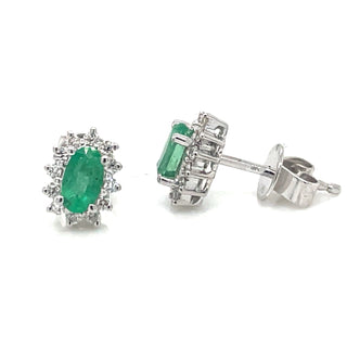 9ct White Gold Earth Grown Princess Di Style Emerald & Diamond Stud Earrings