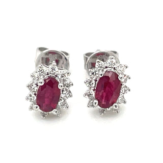 9ct White Gold Earth Grown Princess Di Style Ruby & Diamond Stud Earrings