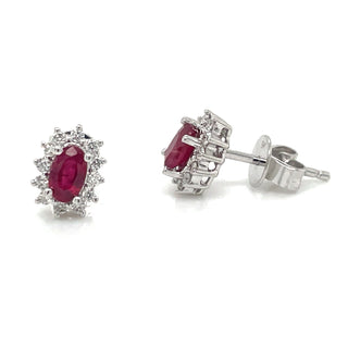 9ct White Gold Earth Grown Princess Di Style Ruby & Diamond Stud Earrings