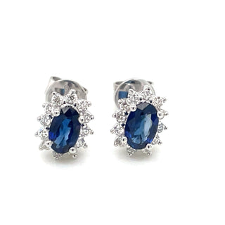 9ct White Gold Earth Grown Princess Di Style Sapphire & Diamond Stud Earrings