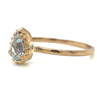 9ct Yellow Gold Earth Grown Pear Cut Blue Topaz Ring with Dotted Edge