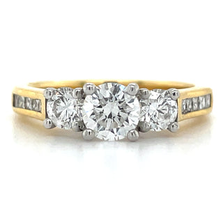 18ct yellow gold three stone diamond engagement ring with stone set shoulders