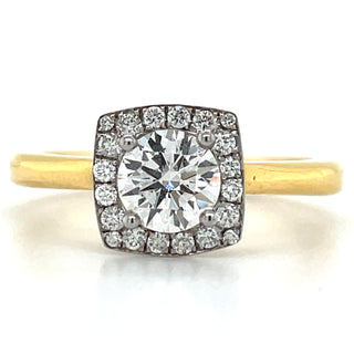 yellow gold round diamond solitaire engagement ring with cushion diamond halo