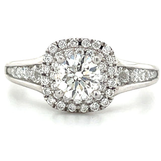 18ct white gold cushion halo diamond engagement ring with diamond shoulders