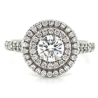 platinum double halo diamond engagement ring with diamond set shoulders