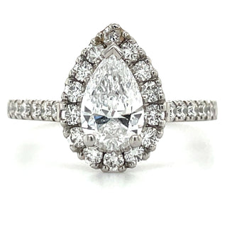 platinum pear halo diamond engagement ring with diamond set shoulders