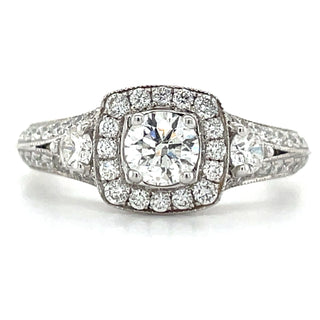 white gold cushion halo diamond engagement ring with diamond set split shank shoulders