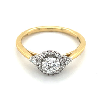 Cara - 18ct Yellow Gold Round Halo With Two Side Stone Diamond Engagement Ring