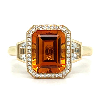 9ct Yellow Gold Earth Grown 2.77ct Emerald Cut Citrine Halo Ring With Green Amethyst Side Stones