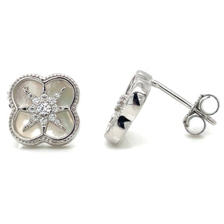 Sterling Silver Clover Cz Stud Earrings