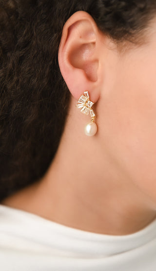 Golden CZ Baguette Fan Earring with Pearl Drop