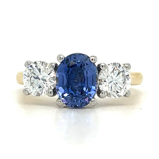 18ct Yellow Gold Laboratory Grown 1.91ct Oval Sapphire & 1ct Round Diamond Three Stone Ring